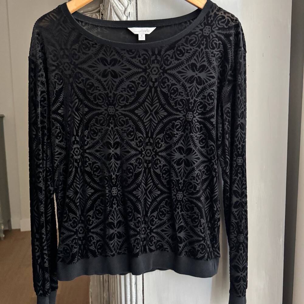 Charming Charlie Blouse Sz S Whimsigoth Black Floral Burnout Velvet Long Sleeve